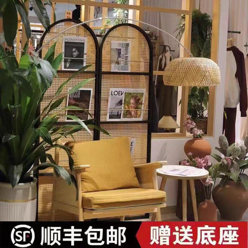 藤编实木书架屏风复古客厅隔断卧室可移动玄关入户遮挡折叠背景墙