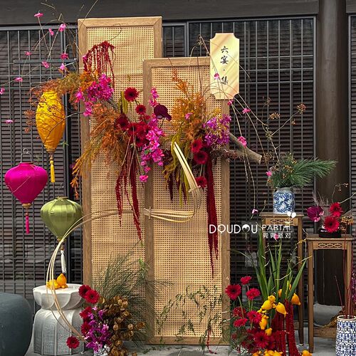 热销婚庆中d式藤编屏风婚礼宝宝周岁生日婚宴舞台背景支架路引布