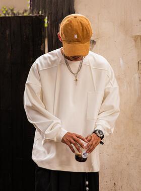 JUPSTUDIO缉明线口袋白色长袖T恤男春秋大码休闲重磅内搭打底上衣