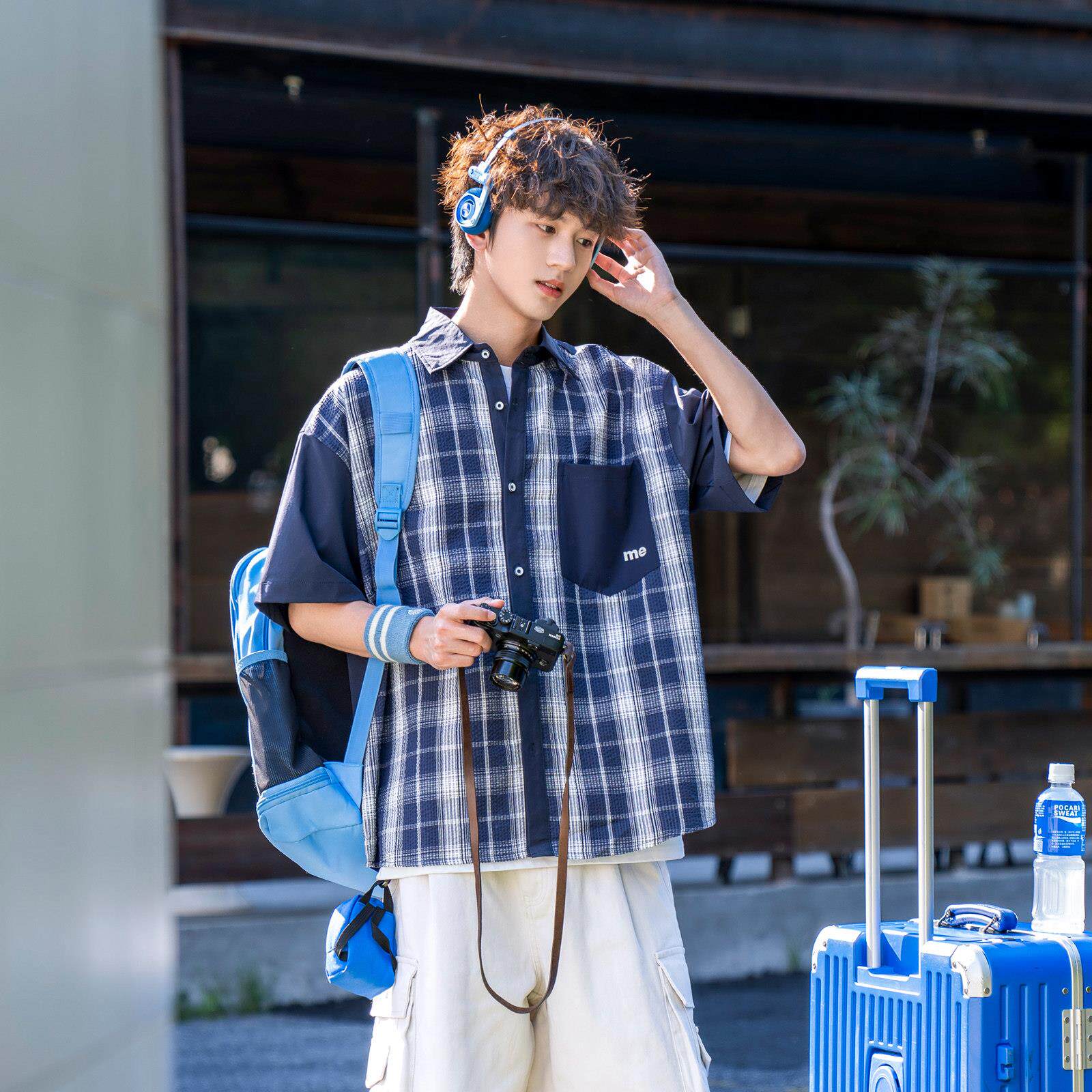泡泡纱格子拼接短袖衬衫男宽松撞色拼接休闲复古风百搭翻领衬衫