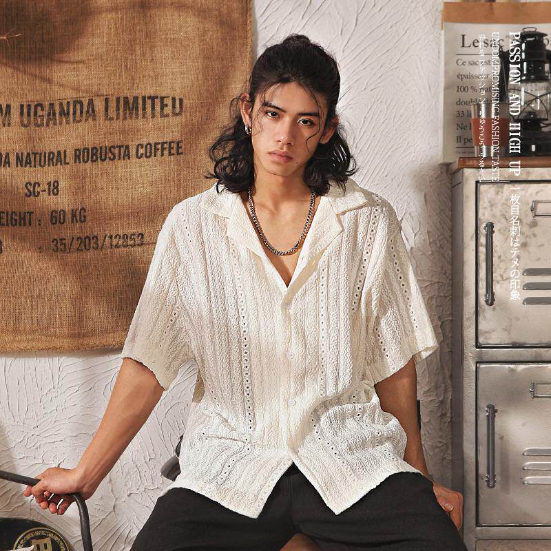 高级感镂空古巴领短袖衬衫男2026夏季新款宽松休闲复古半袖衬衣男