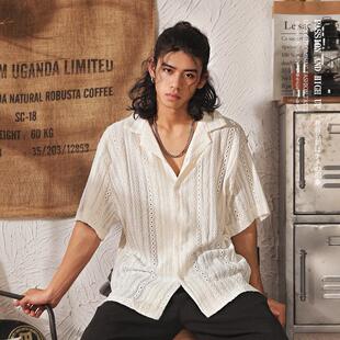 高级感镂空古巴领短袖衬衫男2025夏季新款宽松休闲复古半袖衬衣男