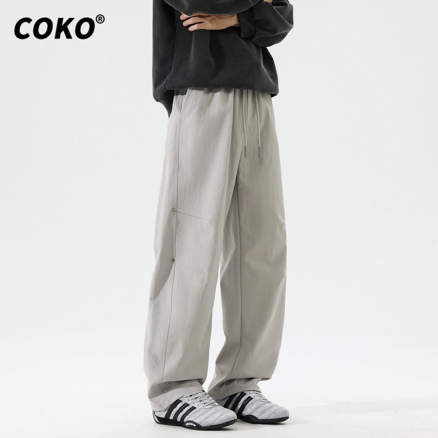 COKO三三斜重磅垂感弯刀裤男宽松直筒春夏季潮流痞帅工装休闲裤子