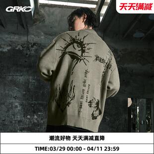 GRKC吉尔卡克达芬奇手稿开衫毛衣外套男潮牌情侣针织衫秋冬毛线衣