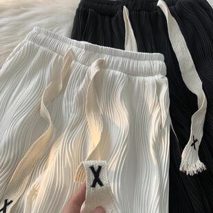 白色冰丝裤子男款直筒宽松阔腿裤夏季薄款休闲长裤夏天沙滩裤男裤
