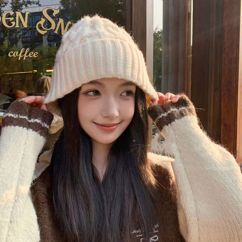 毛线帽女冬季加厚保暖套头帽子时尚麻花条纹针织帽百搭大头围冬帽