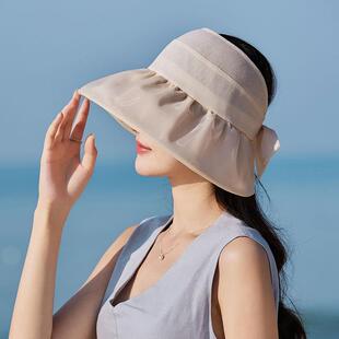 薄款海边度假太阳帽子女大帽檐扎马尾空顶帽可折叠遮阳帽0622k