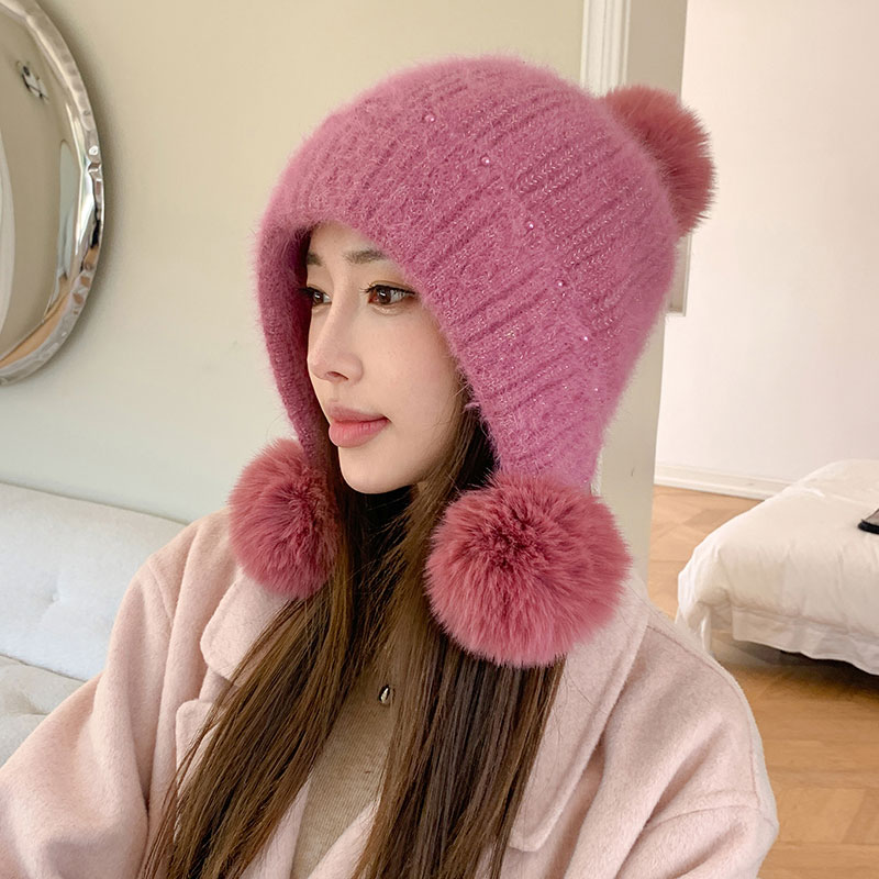 甜美三毛球毛线帽子女秋冬季条纹钉珠包头帽子保暖护耳针织雷锋帽