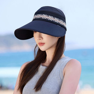 硬檐空顶遮阳帽子女夏季扎马尾透气骑车太阳帽印花大檐防晒0622k