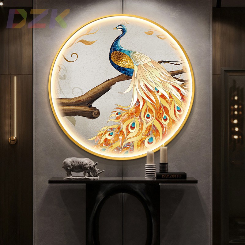 现代装饰画寓意孔雀玄关画LED灯圆形挂画客厅餐厅背景墙晶瓷画c9图片