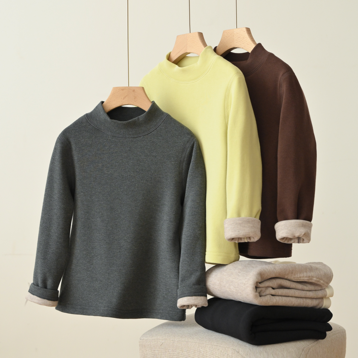 男童秋冬半高领加厚打底衫长袖T恤女童加绒保暖双层打底内搭上衣