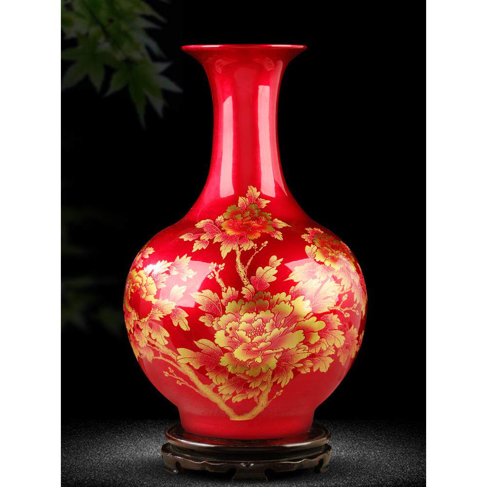 景德镇陶瓷器中国红花瓶插花摆件新中式家居客厅酒柜博古架装饰品
