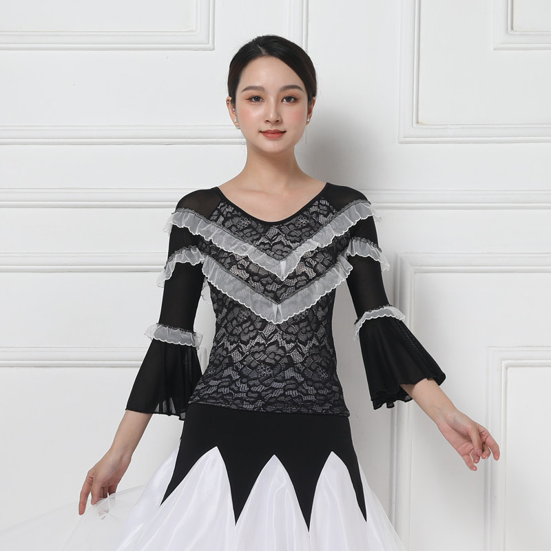 舞蹈服装交谊舞上衣摩登舞上装荷叶袖国标舞练功服女款时尚小衫新