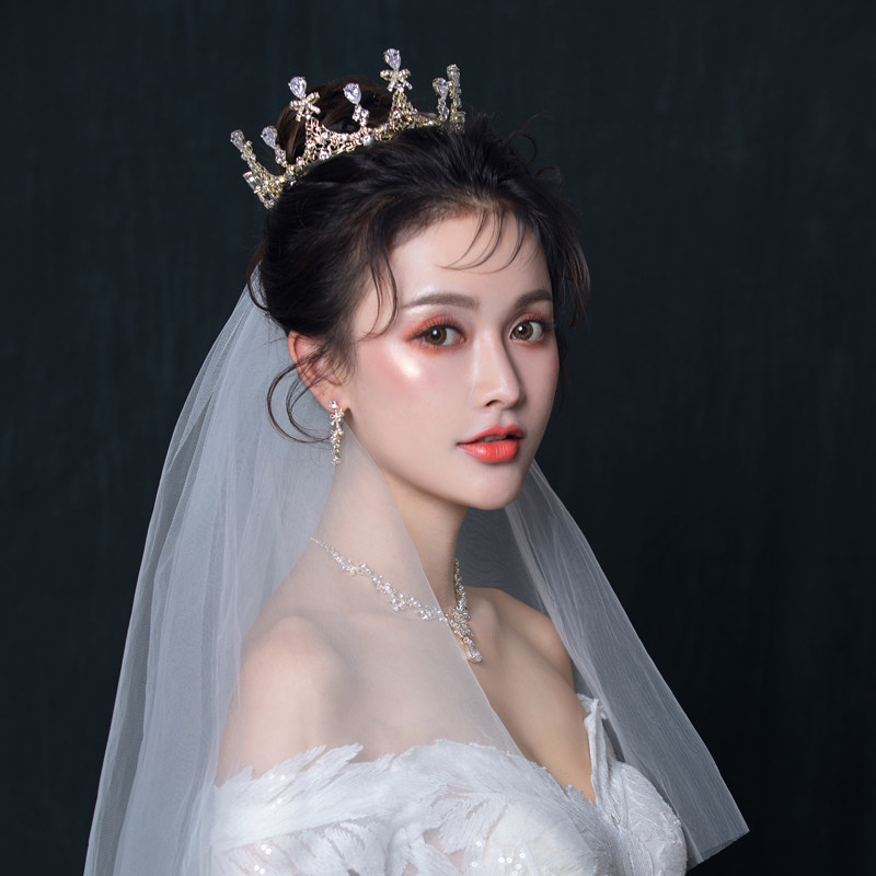 奢华大气皇冠新娘头饰超仙生日网红白纱婚纱结婚三件套头冠成年礼