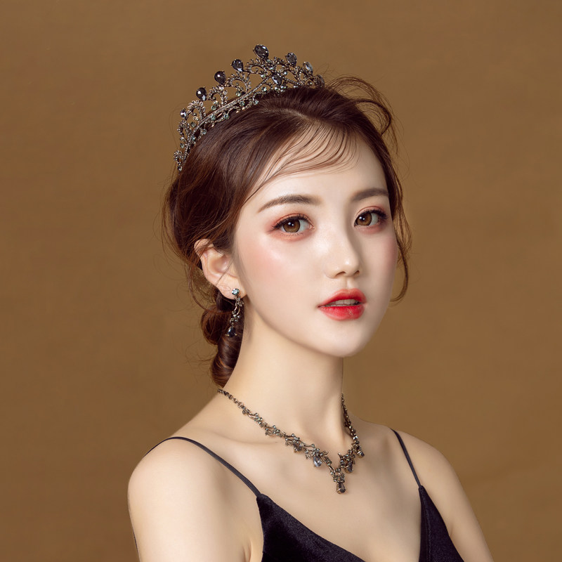 欧旭复古暗黑色桃心半圆皇冠精致气质仙气女王范皇室古典礼服配饰