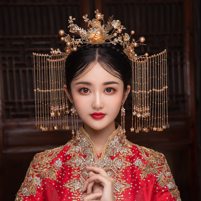 秀禾头饰新娘中式大气步摇流苏女适合圆脸结婚全套凤冠霞帔秀禾服