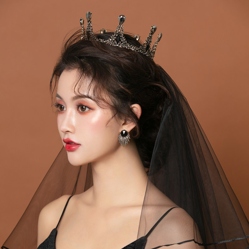 巴洛克黑色欧美新娘皇冠头饰加头纱生日十八岁网红复古女王冠头冠