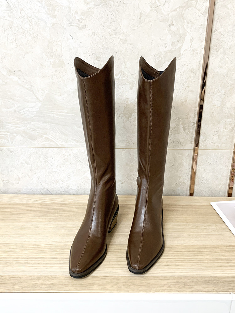 V口真皮长筒靴女2025年秋冬新款粗跟加绒骑士靴不过膝尖头高筒靴,女鞋,西部靴,淘宝优惠券,粉丝福利购,淘宝优惠卷