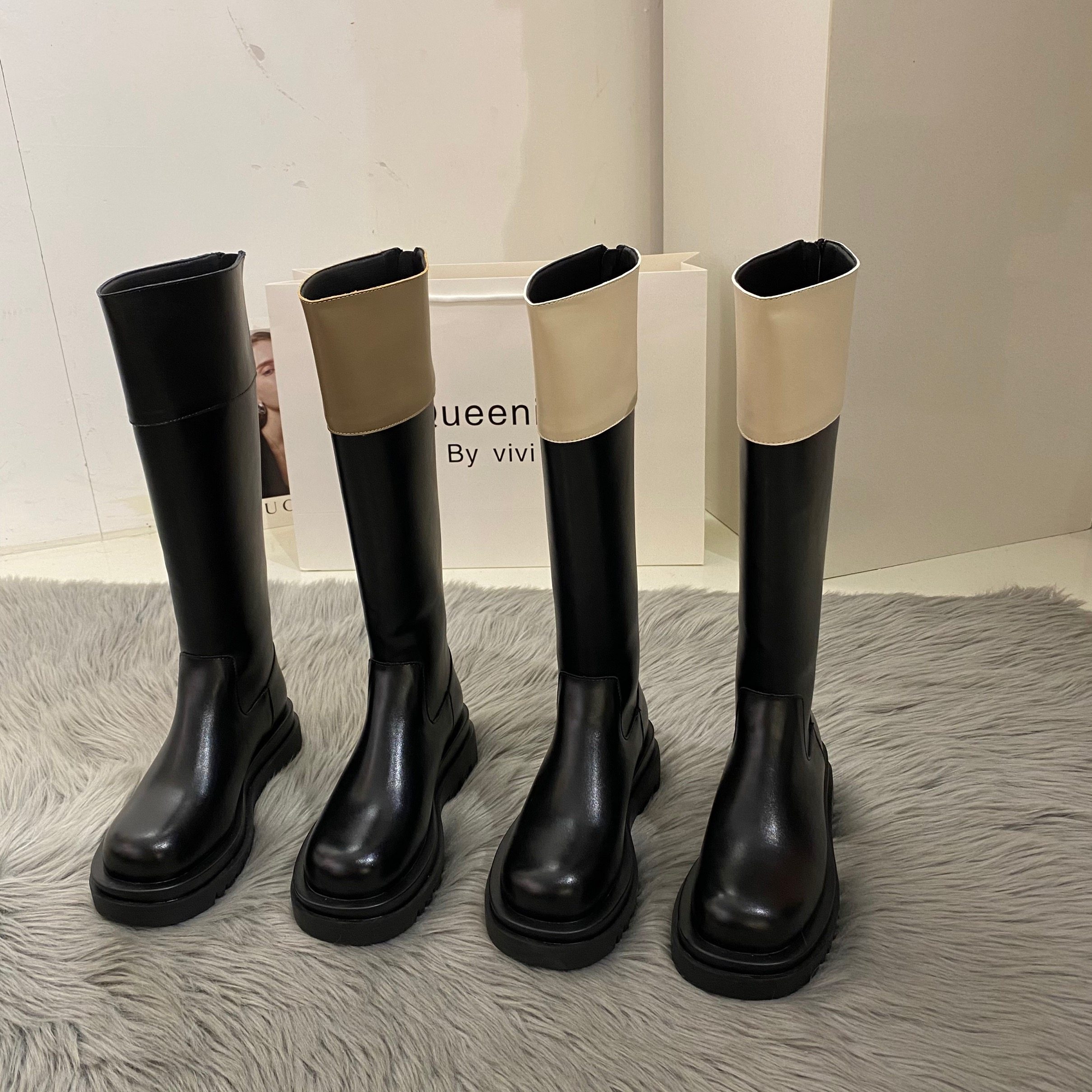 小众拼色长筒靴女真皮圆头骑士靴2025秋冬季新款加绒小香风高筒靴,女鞋,骑士靴,淘宝优惠券,粉丝福利购,淘宝优惠卷