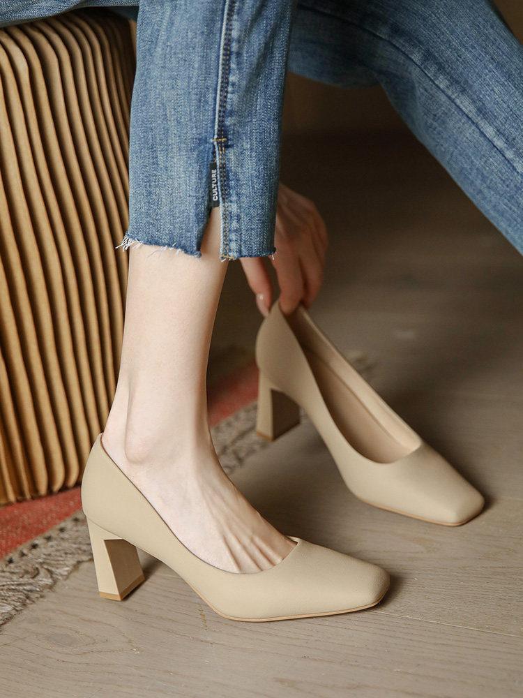 方头真皮单鞋女2025夏季新款裸色通勤职业工作鞋粗中跟简约高跟鞋,女鞋,浅口单鞋,淘宝优惠券,粉丝福利购,淘宝优惠卷
