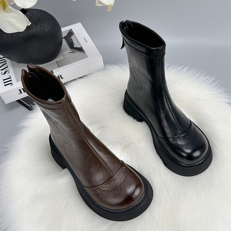 加绒圆头炸街烟筒靴大码马丁靴