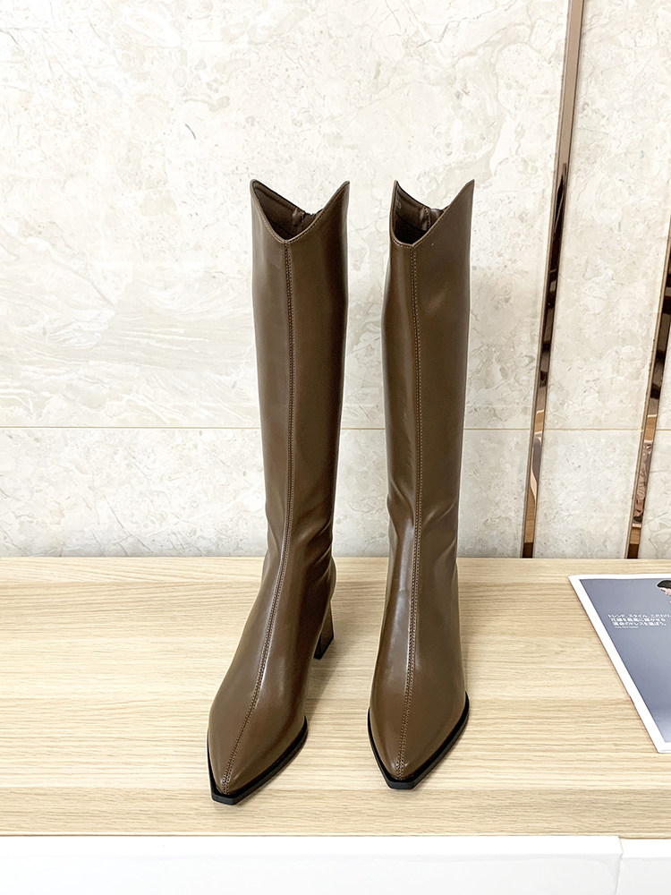 高跟真皮西部牛仔靴女2025秋冬新款粗跟V口瘦瘦靴加绒尖头长筒靴,女鞋,西部靴,淘宝优惠券,粉丝福利购,淘宝优惠卷