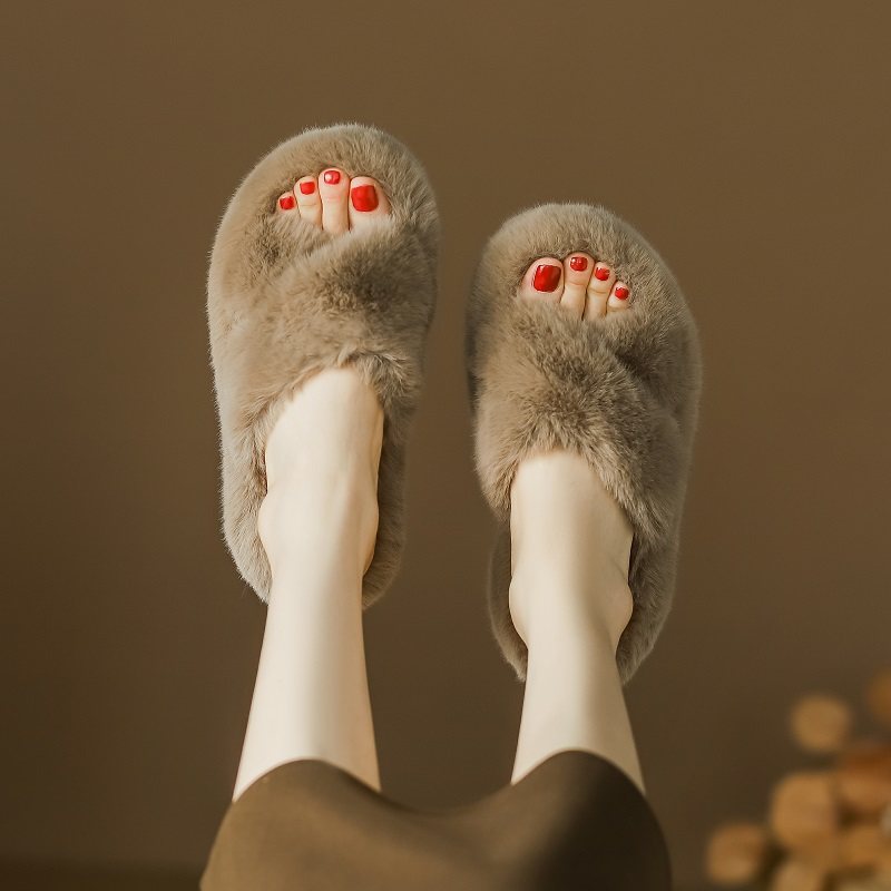 百搭毛毛鞋女2025冬季新款休闲真皮厚底兔毛交叉带外穿大码棉拖鞋,女鞋,毛毛鞋,淘宝优惠券,粉丝福利购,淘宝优惠卷