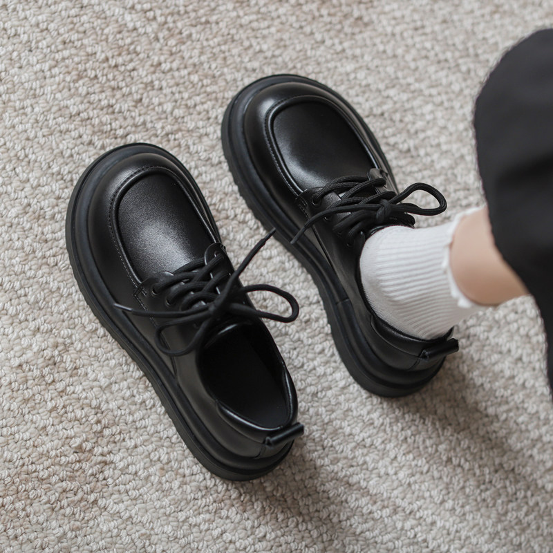 真皮小皮鞋女英伦圆头2025春季新款厚底黑色乐福鞋系带学院风单鞋,女鞋,深口单鞋,淘宝优惠券,粉丝福利购,淘宝优惠卷