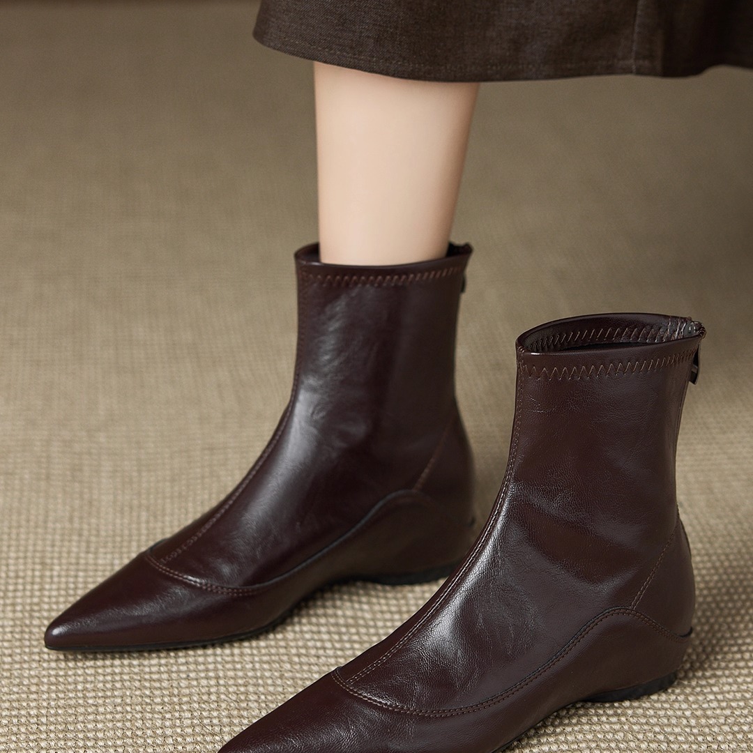 真皮尖头后拉链弹力加绒瘦瘦靴