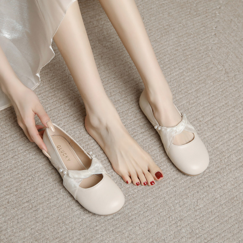 真皮单鞋女2025夏季新款豆豆鞋法式珍珠圆头平底软底大码玛丽珍鞋,女鞋,浅口单鞋,淘宝优惠券,粉丝福利购,淘宝优惠卷