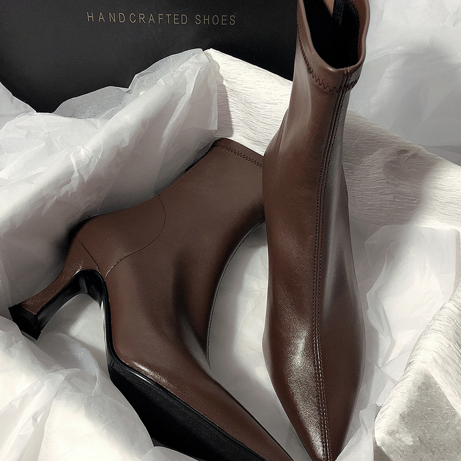 网红细跟瘦瘦靴真皮加绒马丁靴