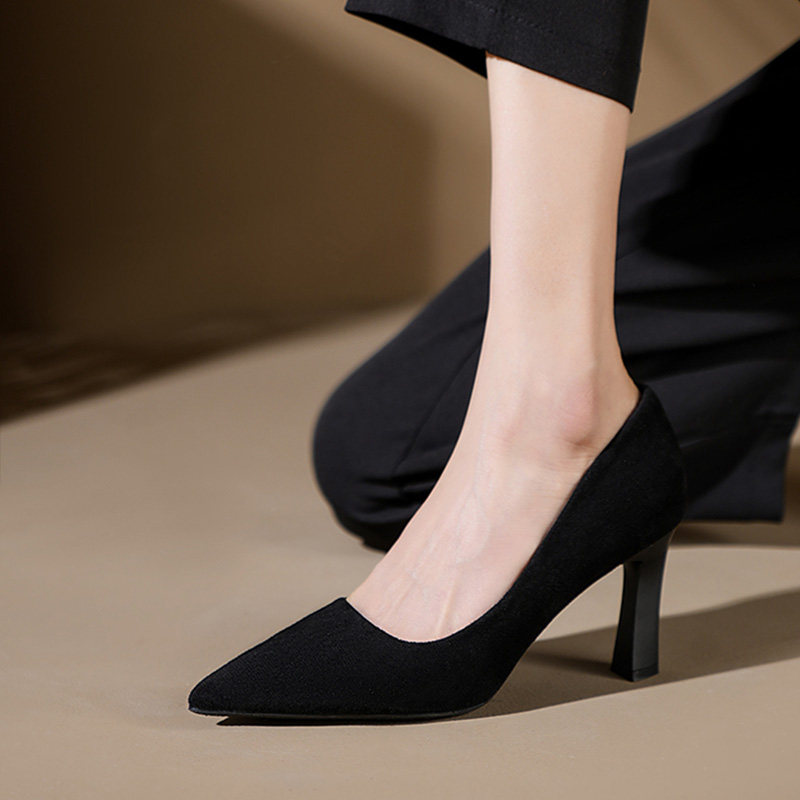 尖头真皮高跟鞋女绒面2025春季新款软底不累脚单鞋黑色职业工作鞋,女鞋,浅口单鞋,淘宝优惠券,粉丝福利购,淘宝优惠卷