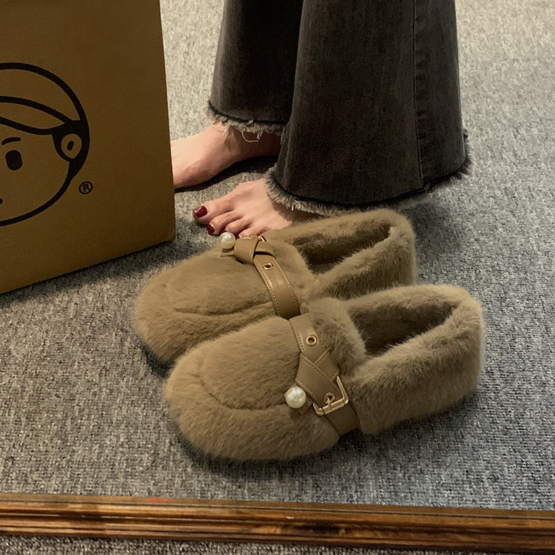 毛毛鞋女2025年冬季新款时尚复古棉鞋加绒珍珠舒适平底洋气豆豆鞋,女鞋,毛毛鞋,淘宝优惠券,粉丝福利购,淘宝优惠卷