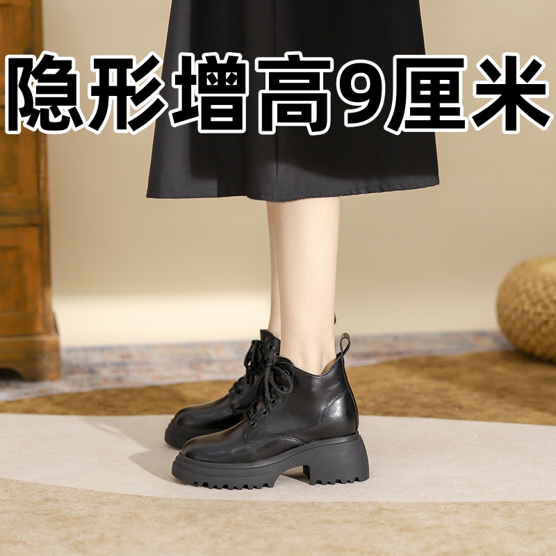 圆头粗跟真皮黑色小众爆款短靴