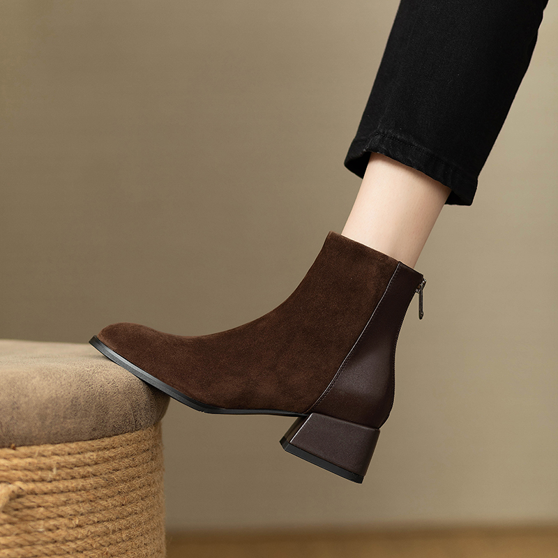 粗跟马丁靴后拉链磨砂加绒单靴