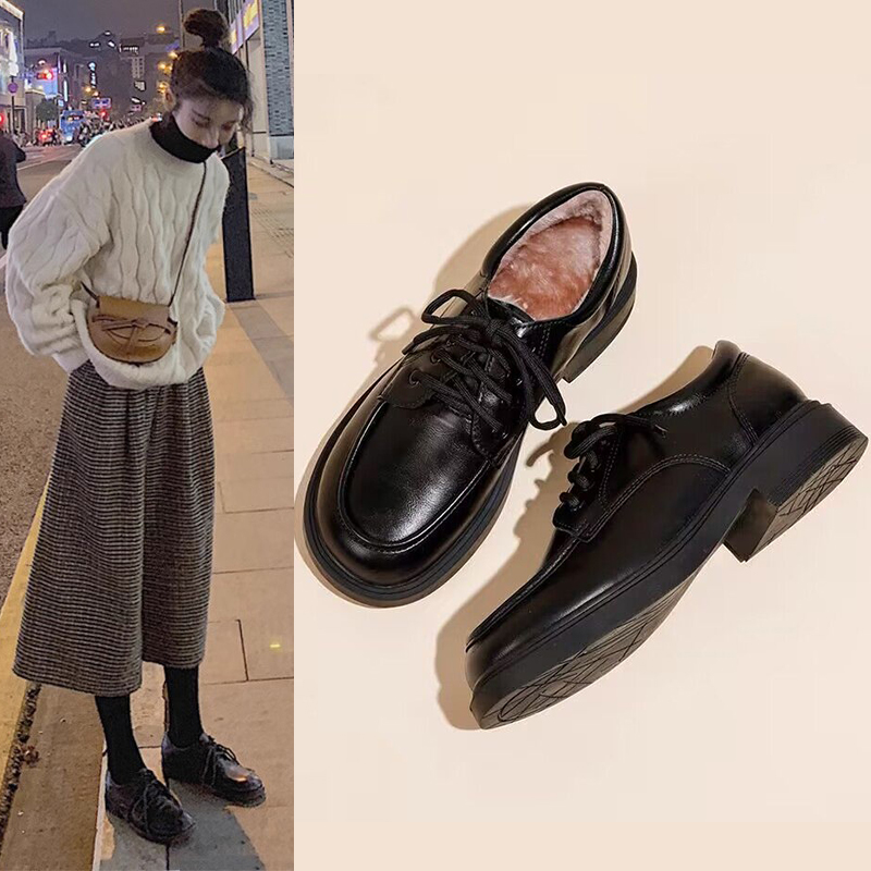 系带乐福鞋学院风加绒黑色单鞋