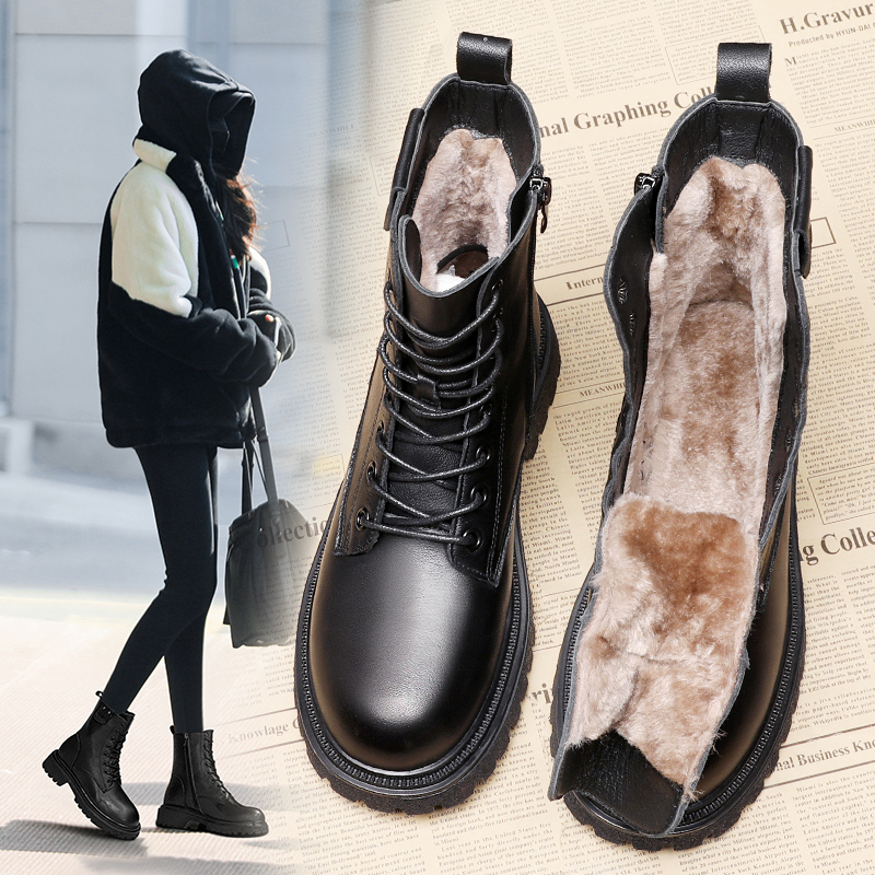 大棉鞋百搭真皮马丁靴系带短靴