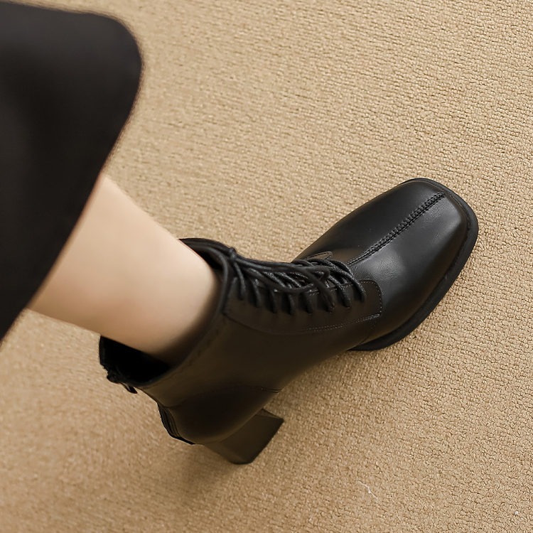 系带后拉链百搭高跟真皮粗跟短靴