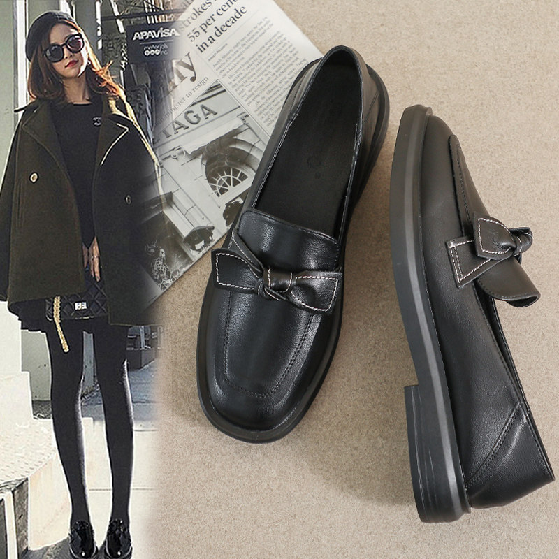 蝴蝶结真皮小皮鞋女2025春季新款英伦单鞋黑色软底平底舒适乐福鞋,女鞋,深口单鞋,淘宝优惠券,粉丝福利购,淘宝优惠卷