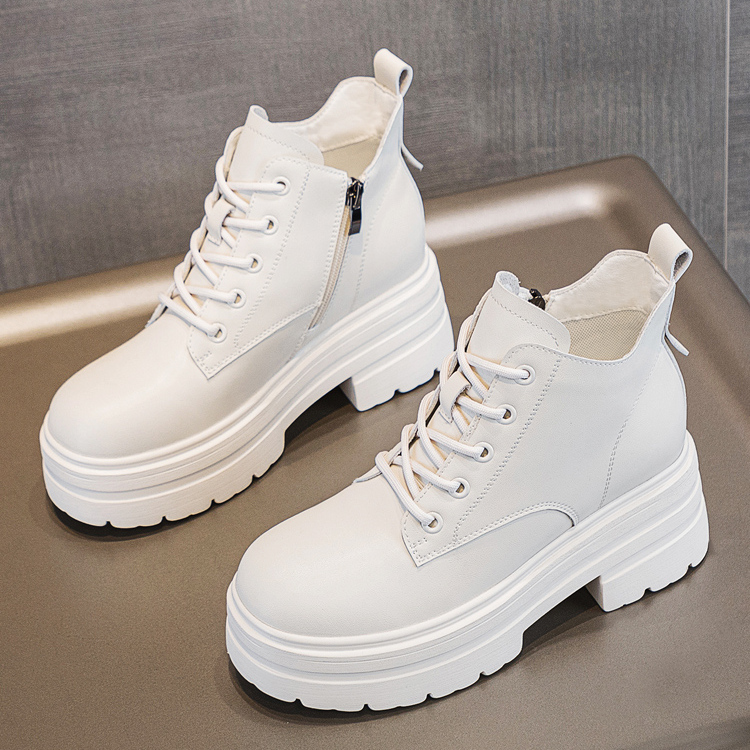 粗跟英伦风系带加绒真皮高跟短靴