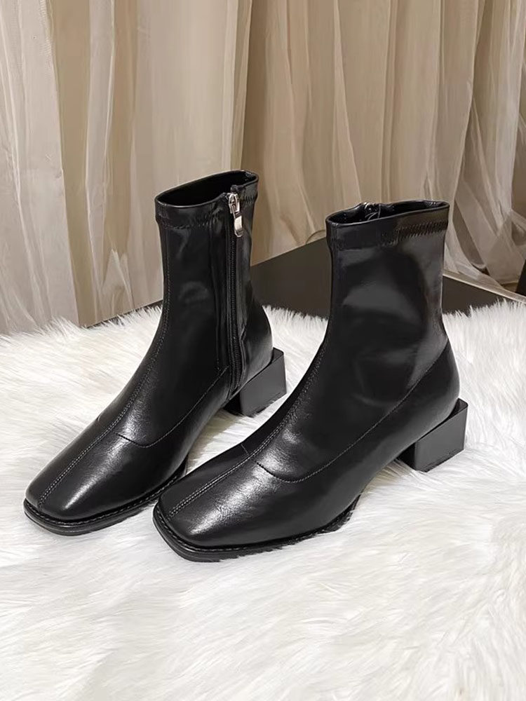 SQUARE TOE BLOCK HEEL BOOTS WOMENS FALL|WINTER 2024 NEW MID-HEEL BRITISH STYLE STRETCH SKINNY BOOTS LEATHER AND FLEECE MARTIN BOOTS