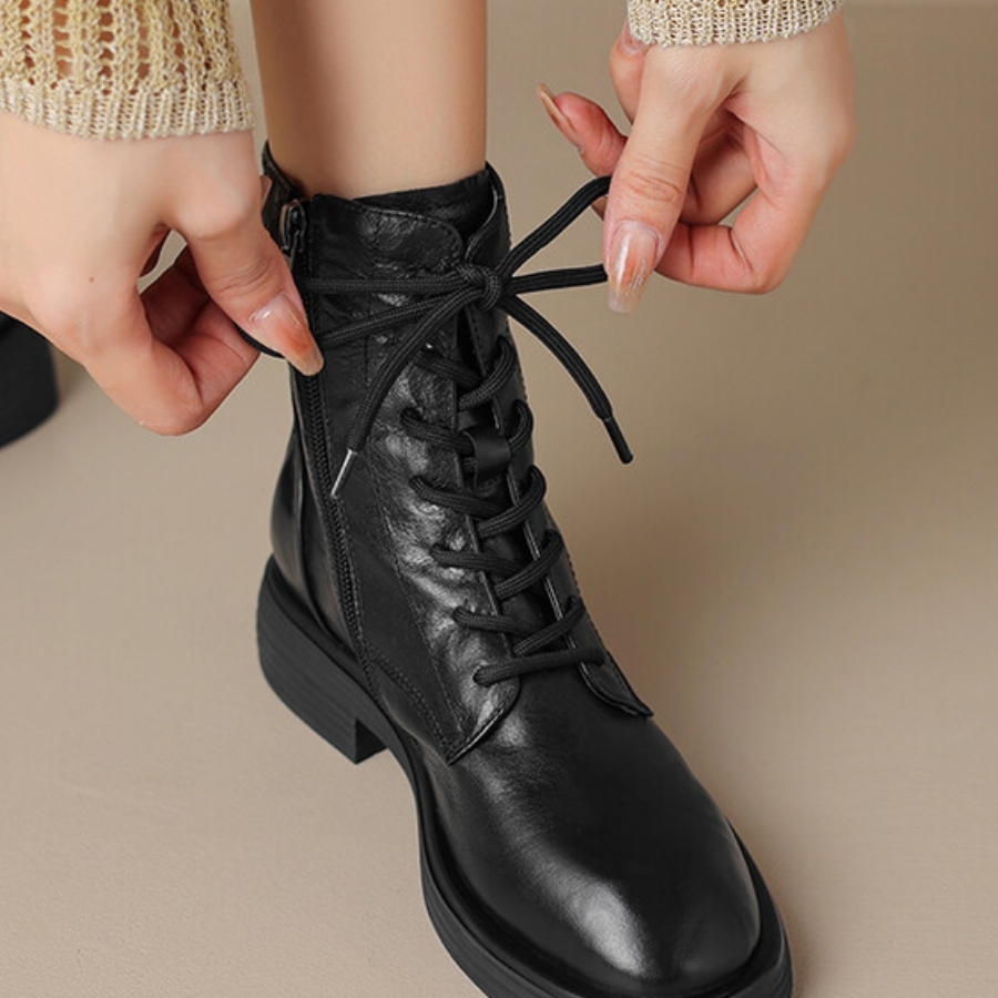 系带圆头粗跟侧拉链平底加绒短靴