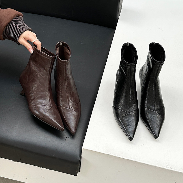 高跟短靴女2025秋冬季新款细跟尖头百搭法式瘦瘦靴真皮加绒马丁靴,女鞋,马丁靴,淘宝优惠券,粉丝福利购,淘宝优惠卷