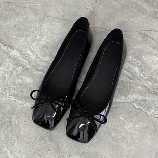 蝴蝶结真皮单鞋 女2025夏季 新款 小香风配裙子黑色平底浅口软底瓢鞋