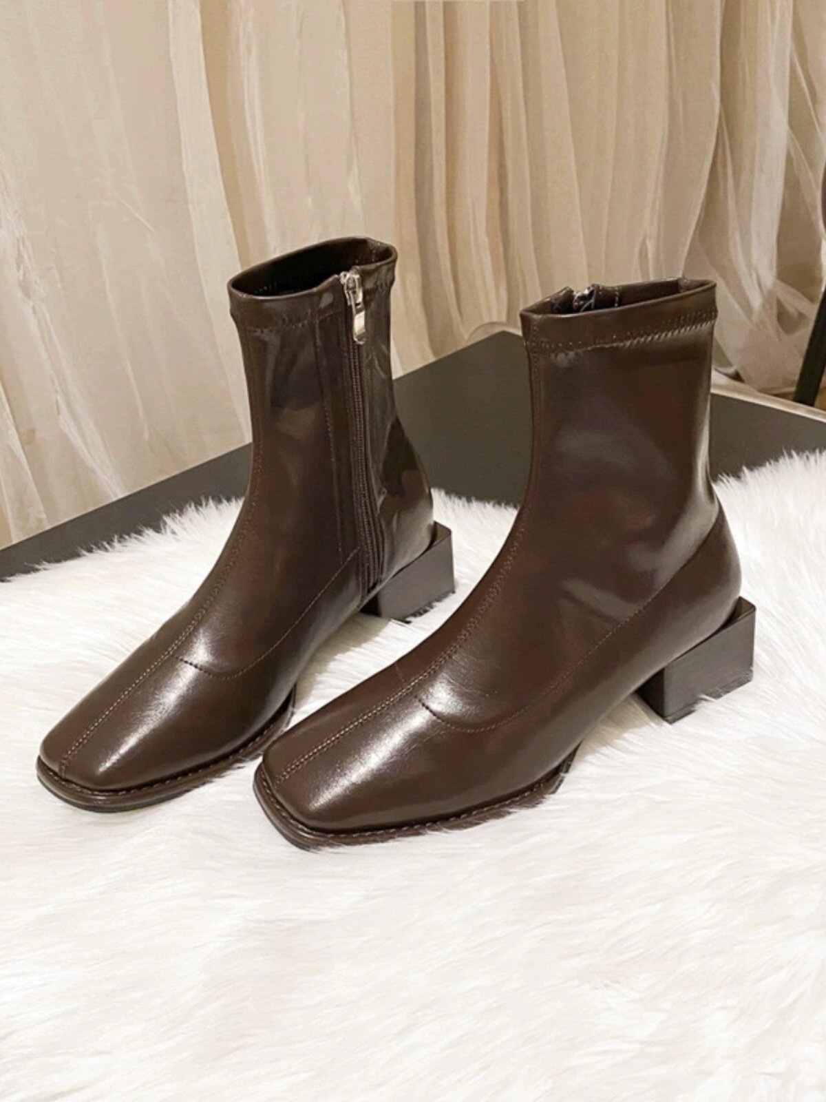 SQUARE TOE BLOCK HEEL BOOTS WOMENS FALL|WINTER 2024 NEW MID-HEEL BRITISH STYLE STRETCH SKINNY BOOTS LEATHER AND FLEECE MARTIN BOOTS