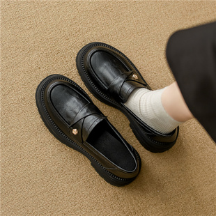 真皮一脚蹬厚底乐福鞋 英伦风黑色小皮鞋 平底单鞋 女2025春秋季 新款