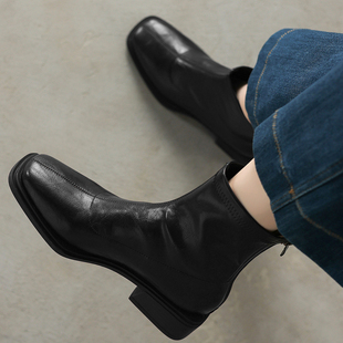 英伦风马丁靴女2025秋冬季新款方头粗跟弹力瘦瘦靴加绒切尔西短靴