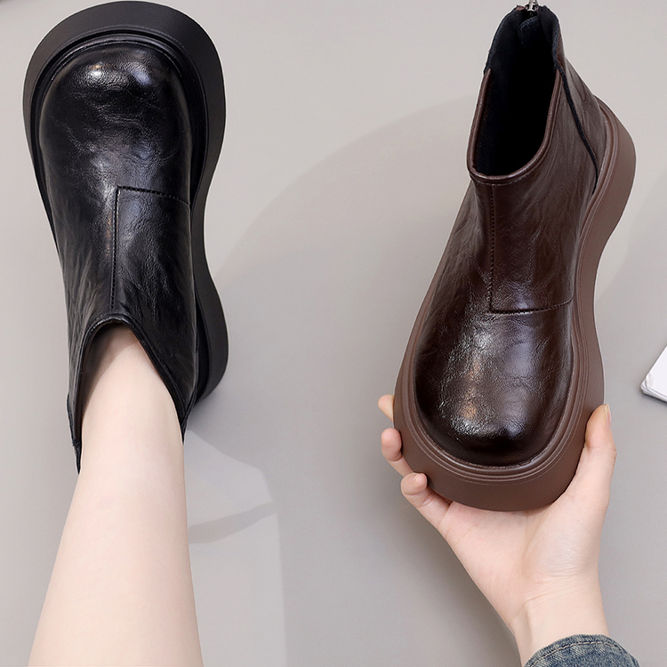 圆头增高烟管靴真皮百搭加绒短靴