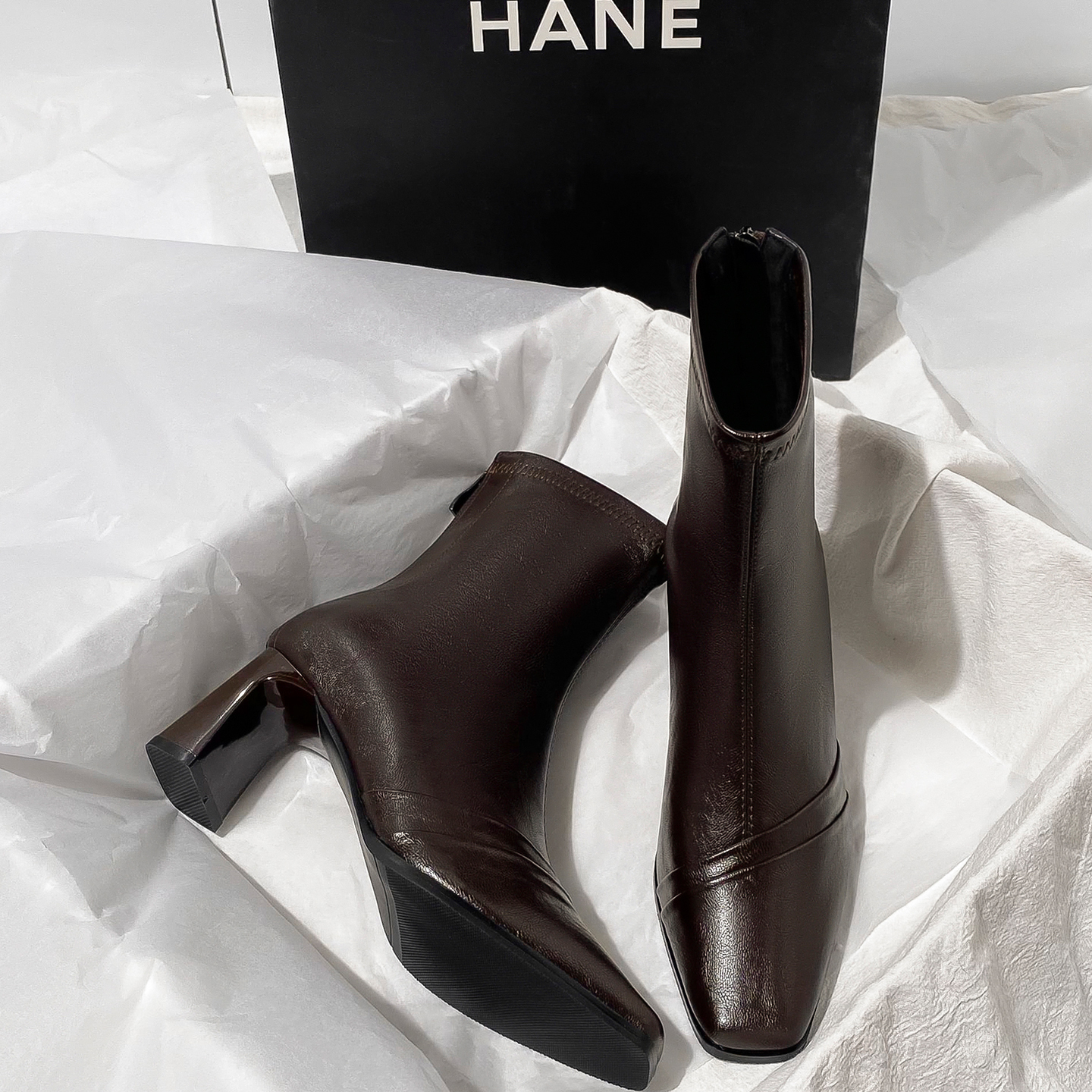 法式高跟后拉链方头加绒瘦瘦靴