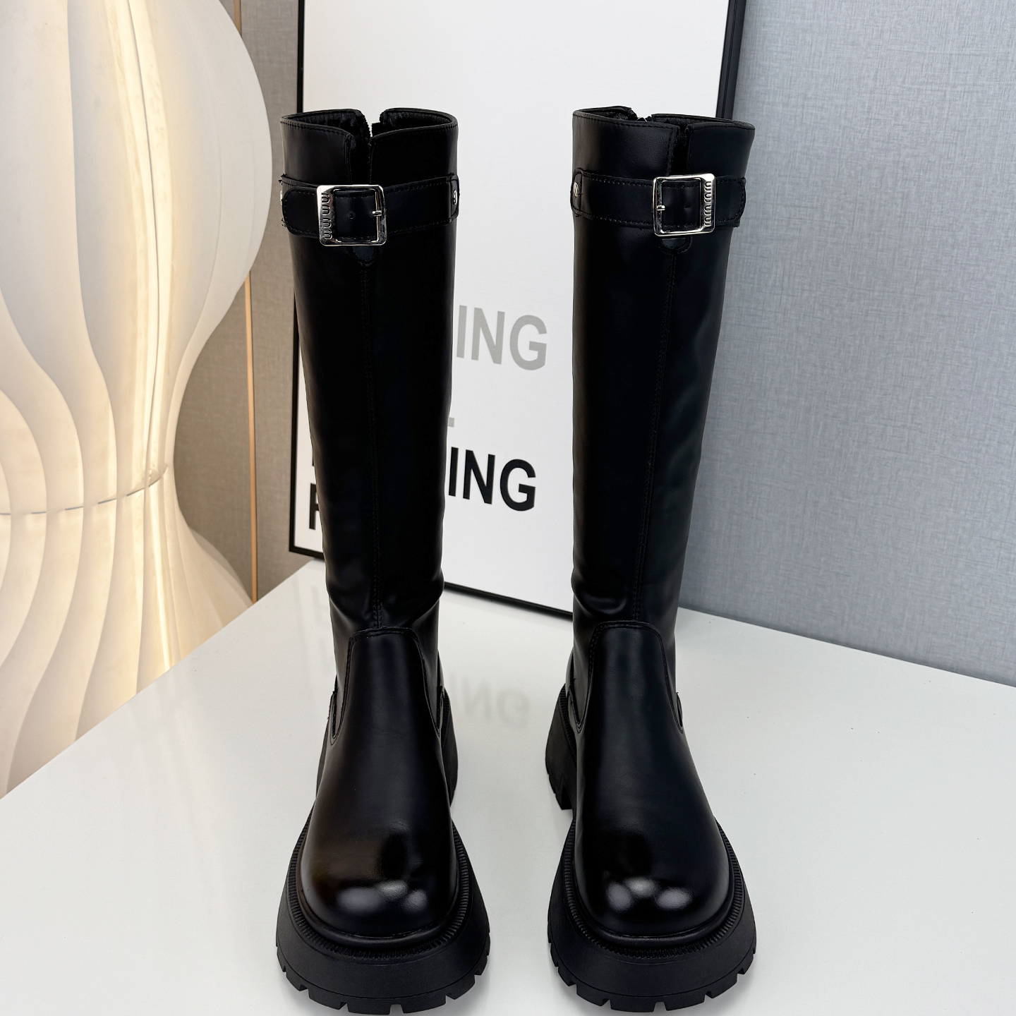 不过膝长筒靴加绒皮带扣高筒靴